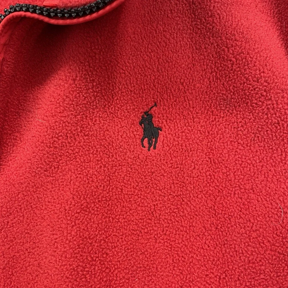 Vtg Polo Ralph Lauren Fleece Full Zip Jacket Mens Large Hood Collar Red‎ Striped